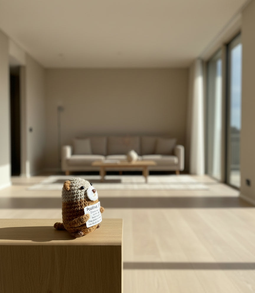 Gehäkelte Otter Figur mit positiver Botschaft im Wohnzimmer