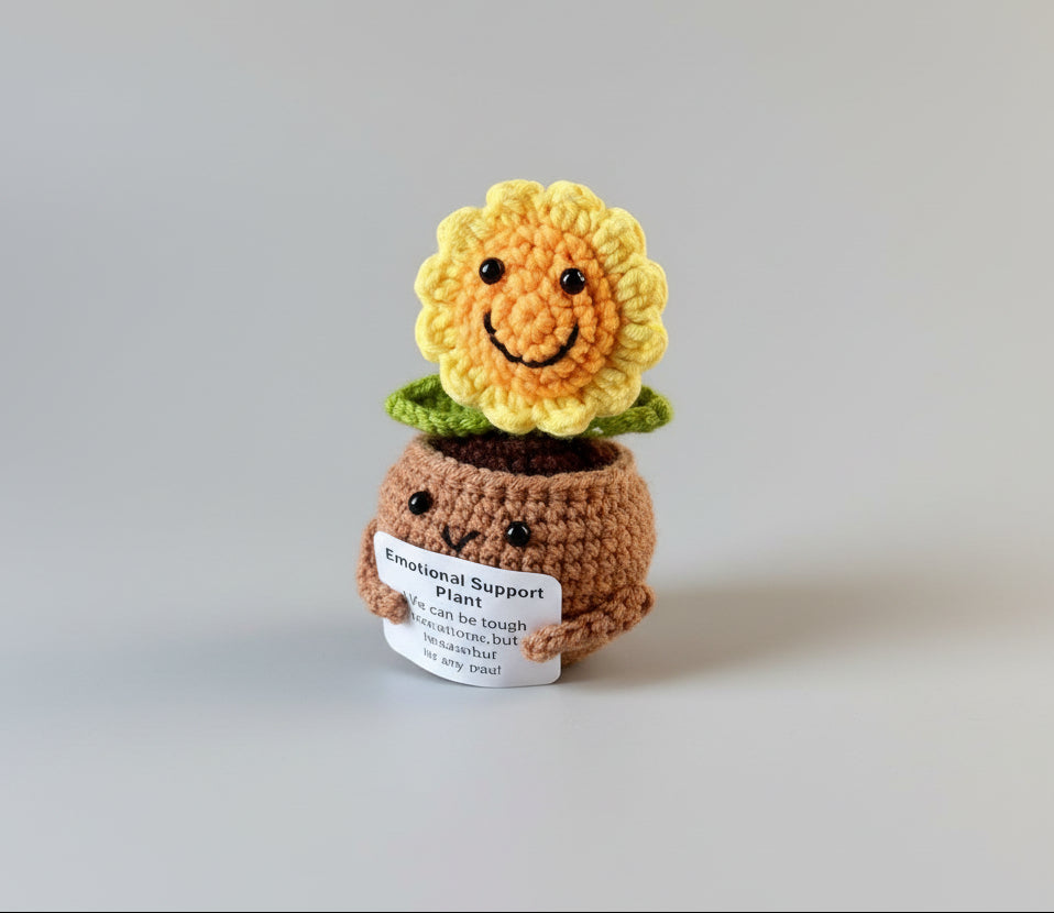 Gehäkelte Blume mit positiver Botschaft und Smileys - seitlich