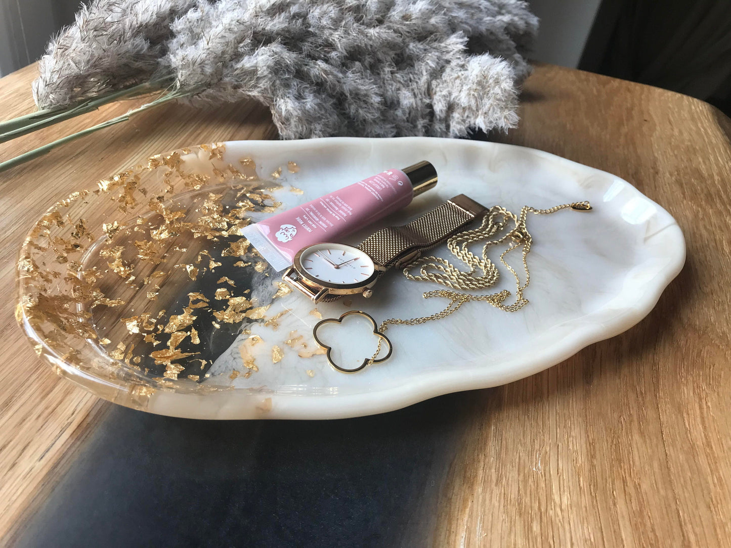 Tablett / Dekortablett / Schmuckschale / Schale / Dekorschale / Epoxidharz / Marmoroptik / Gold / Beige / Hochzeit / Deko / Geschenke / Home