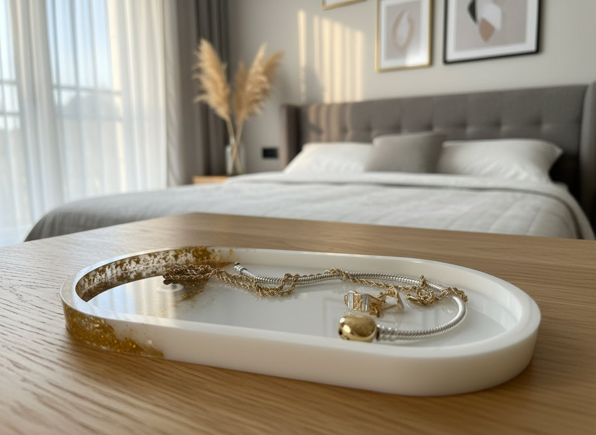 Schmuckschale Epoxidharz Gold-Weiß | Türkisches Auge Nazar-Amulett im Schlafzimmer