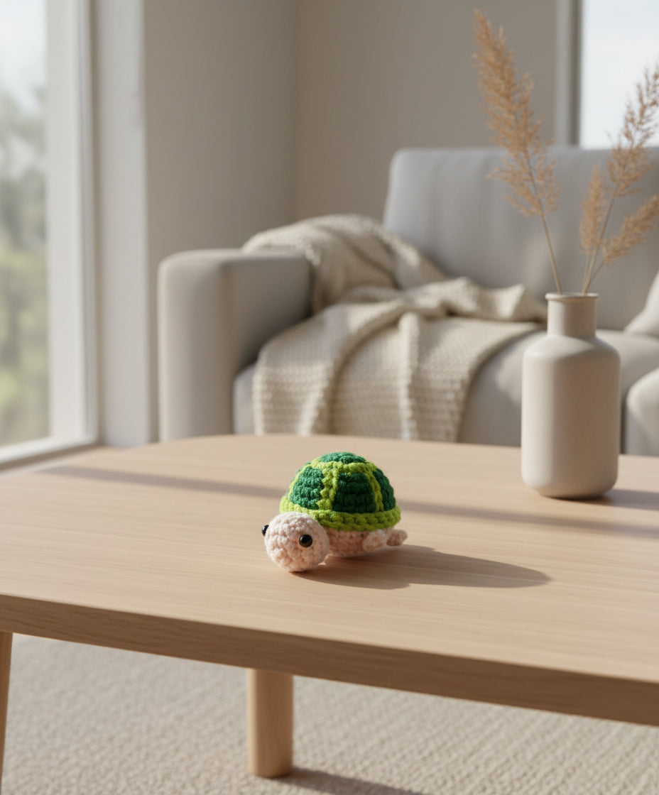 Positive Schildkröte - gehäkelte Figur - auf dem Couchtisch