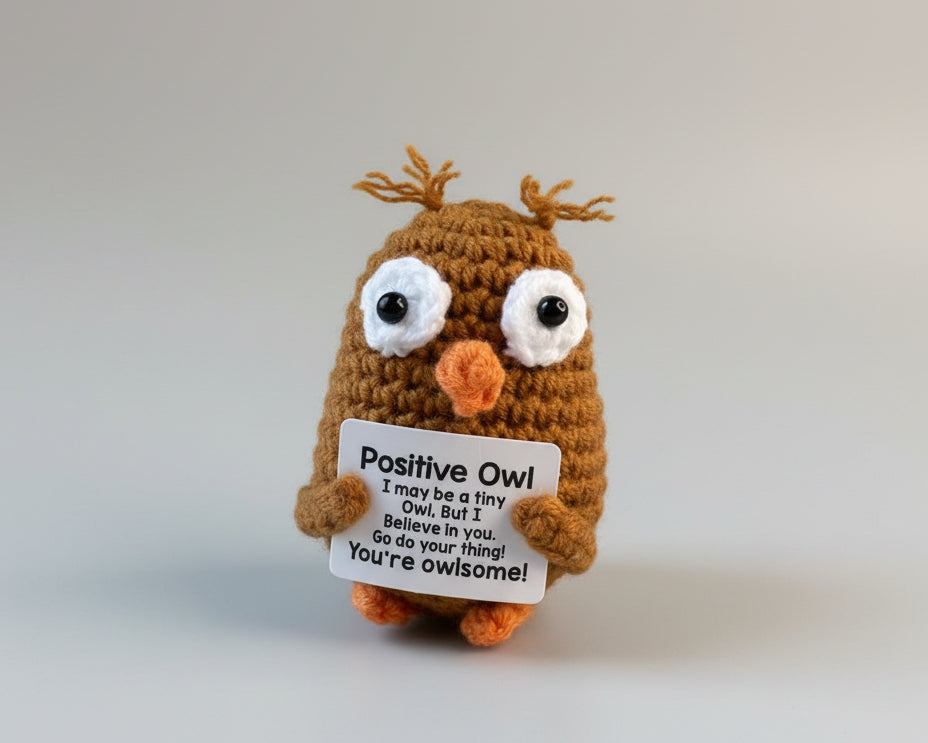 Positive Owl - gehäkelte Eule mit großen Augen, die einer positiver Botschaft in der Hand hält- perfektes Mutmacher Geschenk