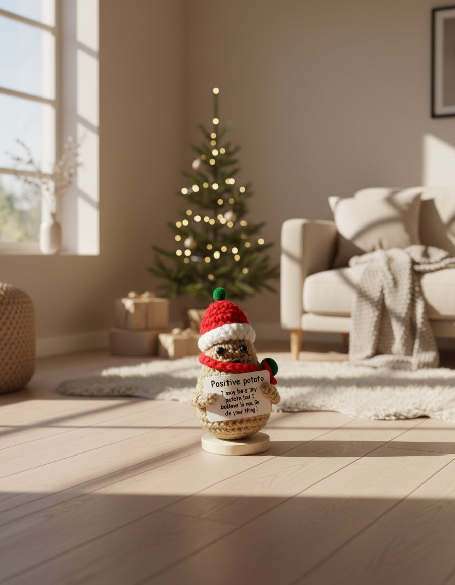 weihnachtiche Positive Potato in einem Wohnzimmer vor dem Christbaum 