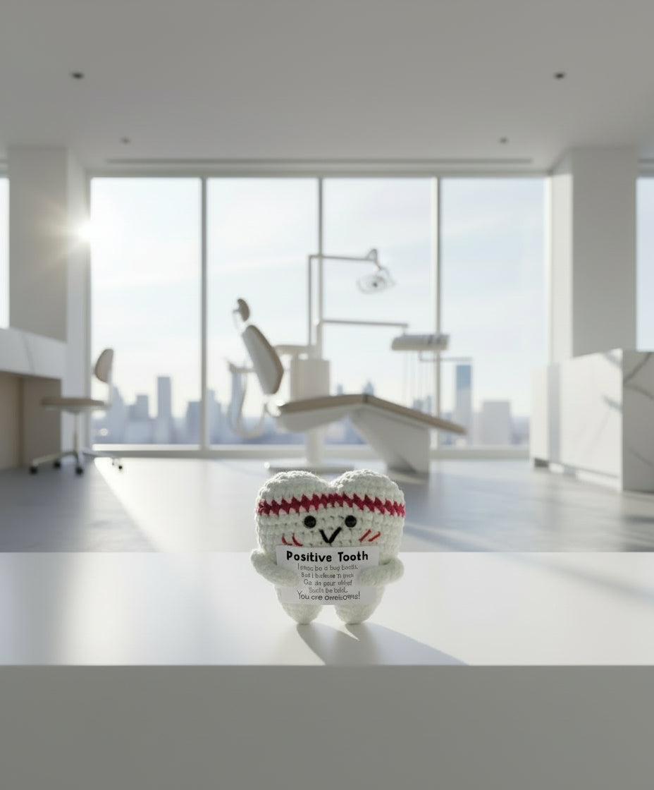 Positive Tooth - positiver Zahn - gehäkelte Zahn mit positiver Botschaft in einer modernen Zahnarztpraxis