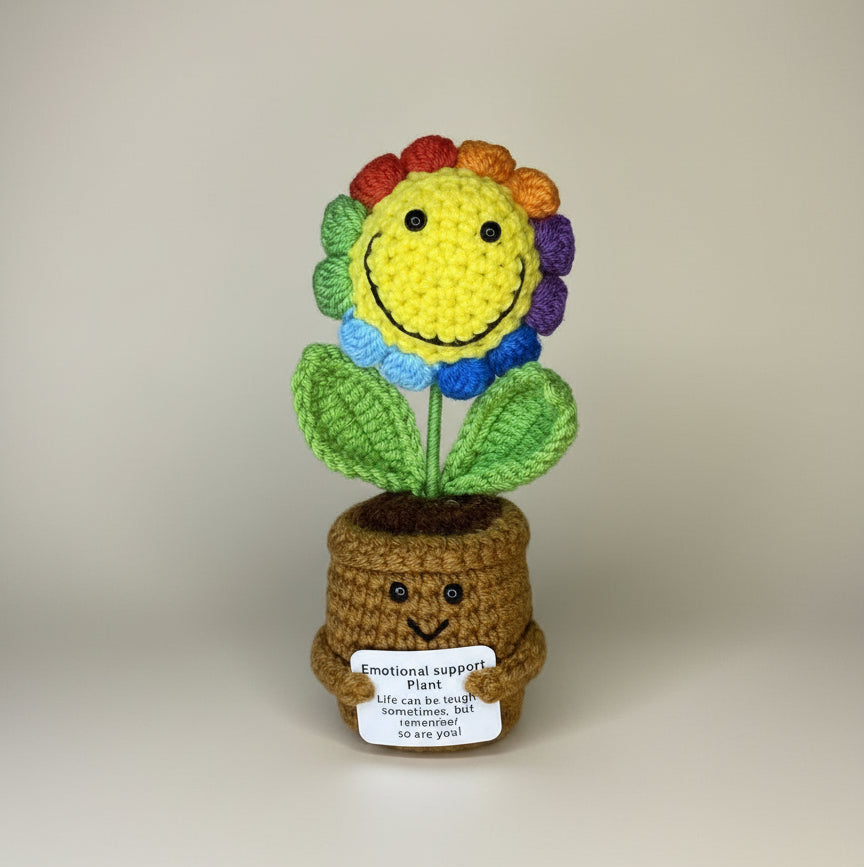 Gehäkelte Blume mit positiver Botschaft und Smileys - in Regenbogen Farbe 