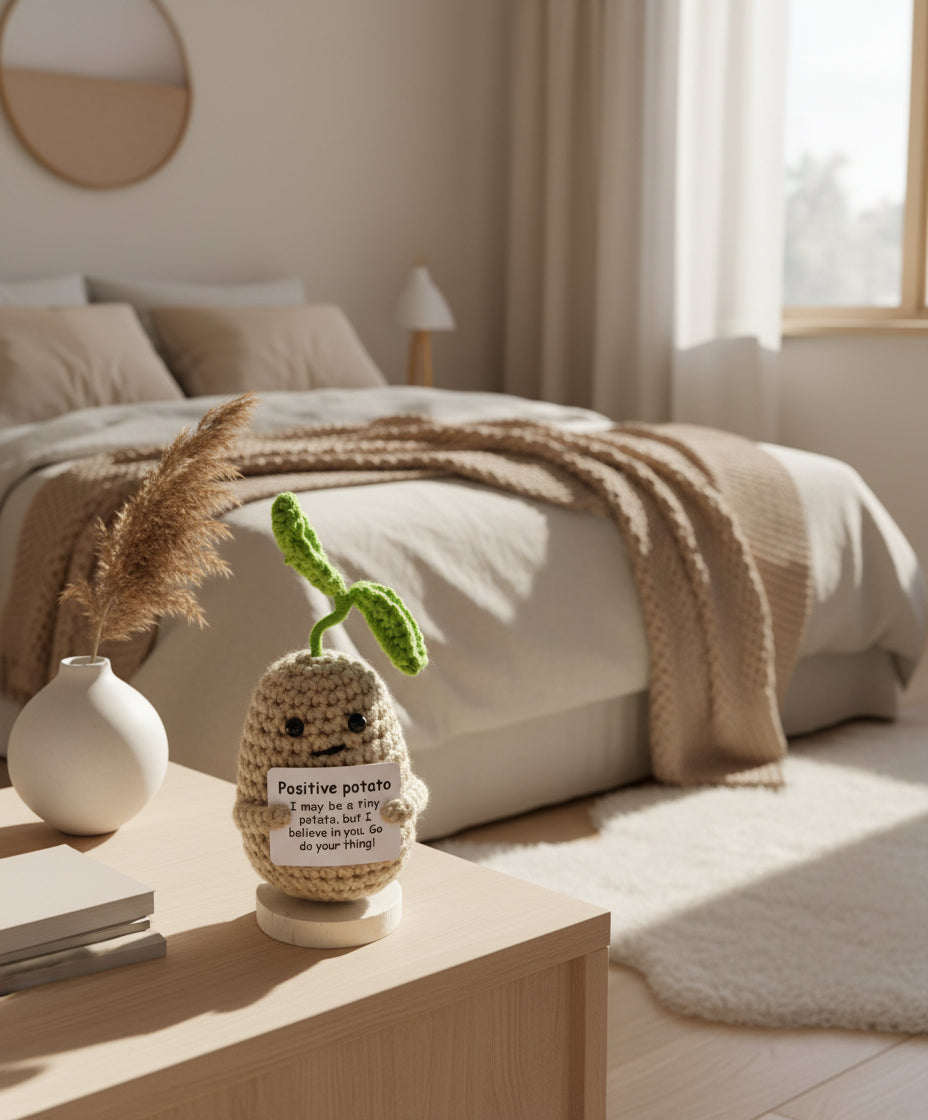 Positive Potato mit einer positiven Botschaft: "I may be a tiny potato, but I believe in you. Go do your thing!" - in einem gemütlichen Schlafzimmer.