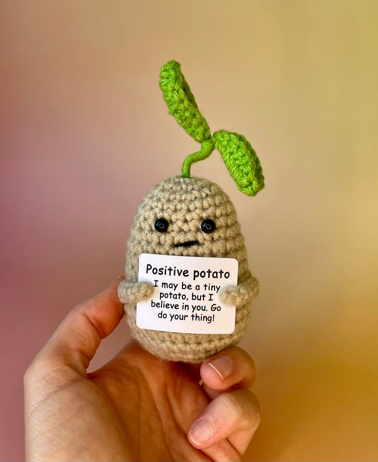 Positive Potato mit einer positiven Botschaft: "I may be a tiny potato, but I believe in you. Go do your thing!" - in der Hand gehalten