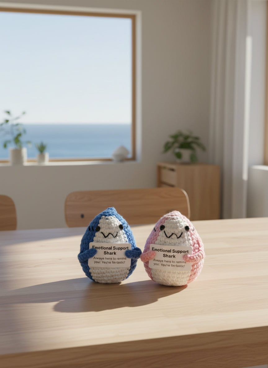 Emotional Support Shark in Rosa und in Blau im Esszimmer