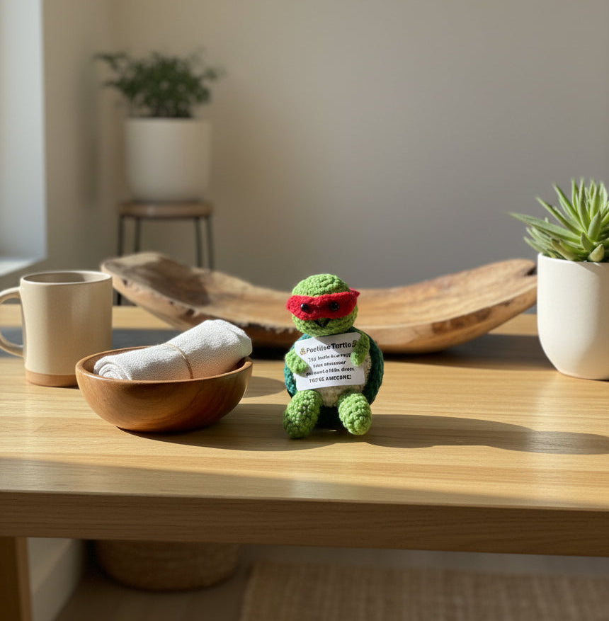 Positive Schildkröte - gehäkelte Figur mit motivierender Botschaft in Ninja Stil 