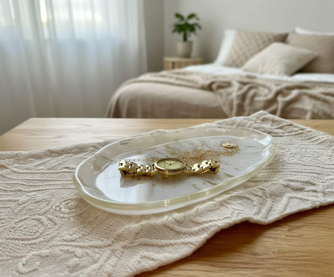 Elegantes Deko-Tablett Epoxidharz 28x16 cm | Gold-Details | 12 Designs