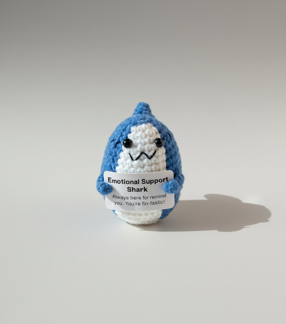 Gehäkelte Hai mir positiver Botschaft "Emotional Support Shark" in blau 