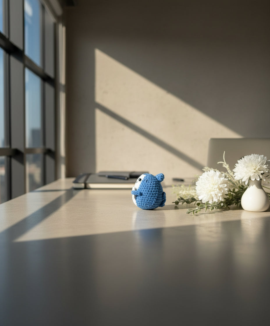 Gehäkelte Hai mir positiver Botschaft "Emotional Support Shark" auf dem Bürotisch 