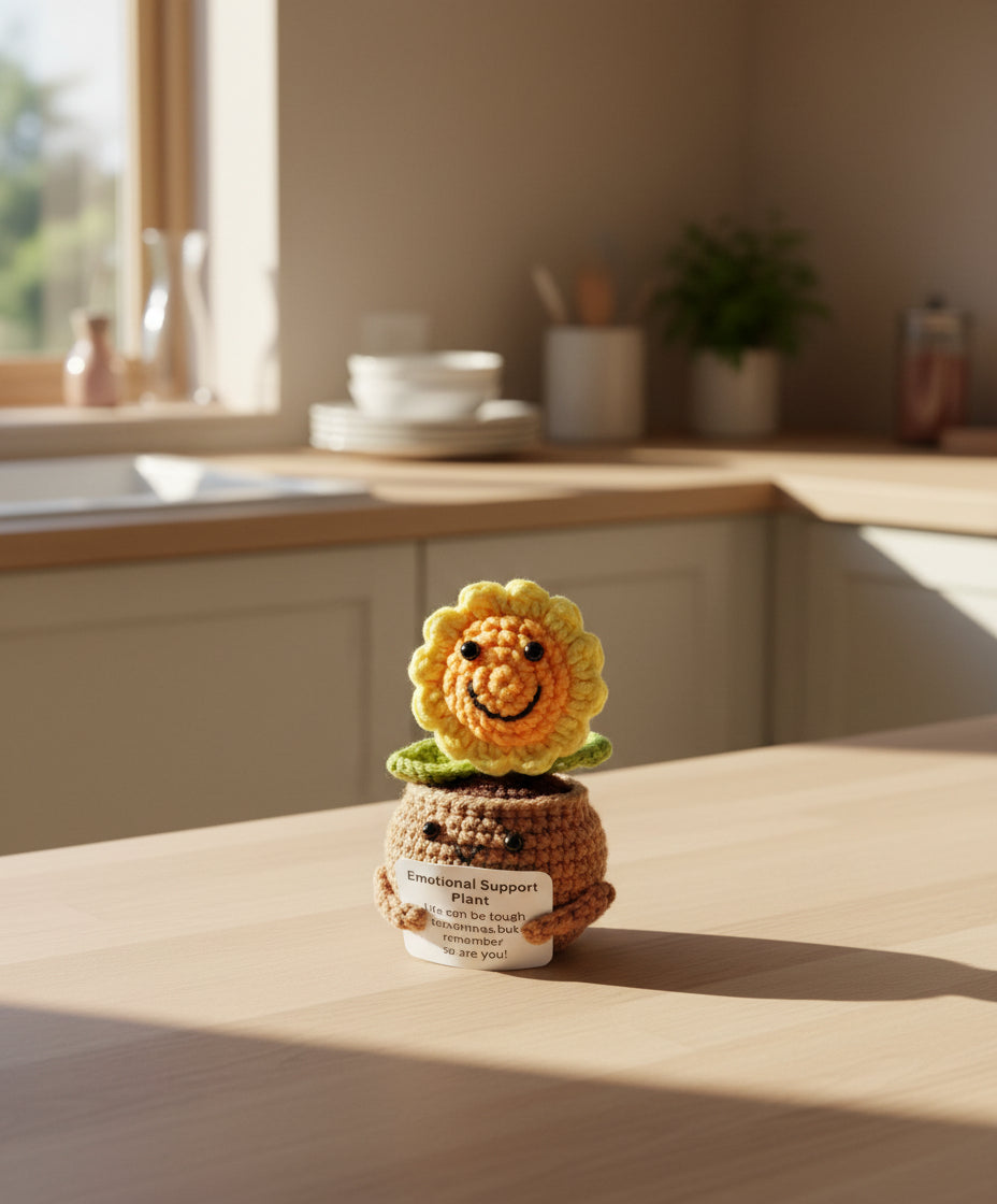 Gehäkelte Blume mit positiver Botschaft - auf einem Küchentisch 