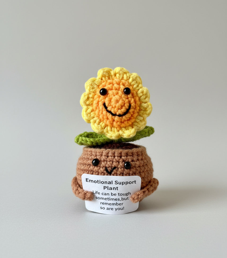 Gehäkelte Blume mit positiver Botschaft und Smileys