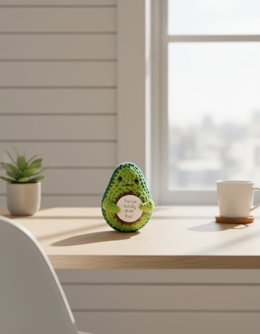Positive Avocado auf dem Bürotisch im Sonnenlicht.