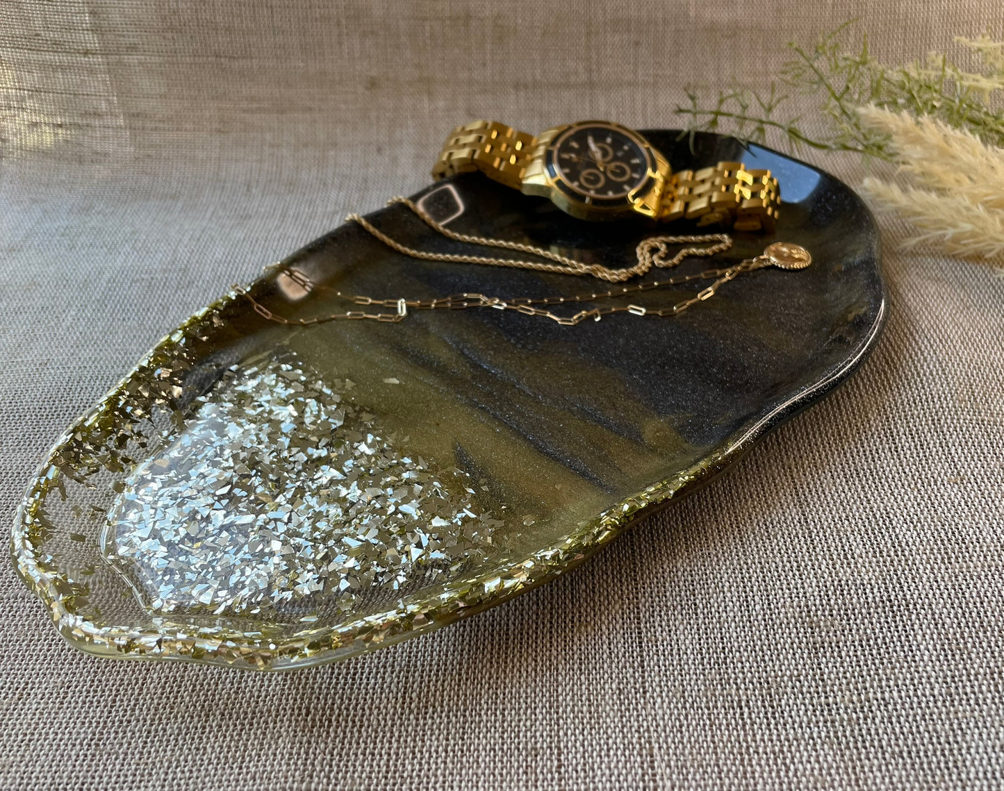 Elegantes Deko-Tablett Epoxidharz 28x16 cm | Gold-Details | 12 Designs