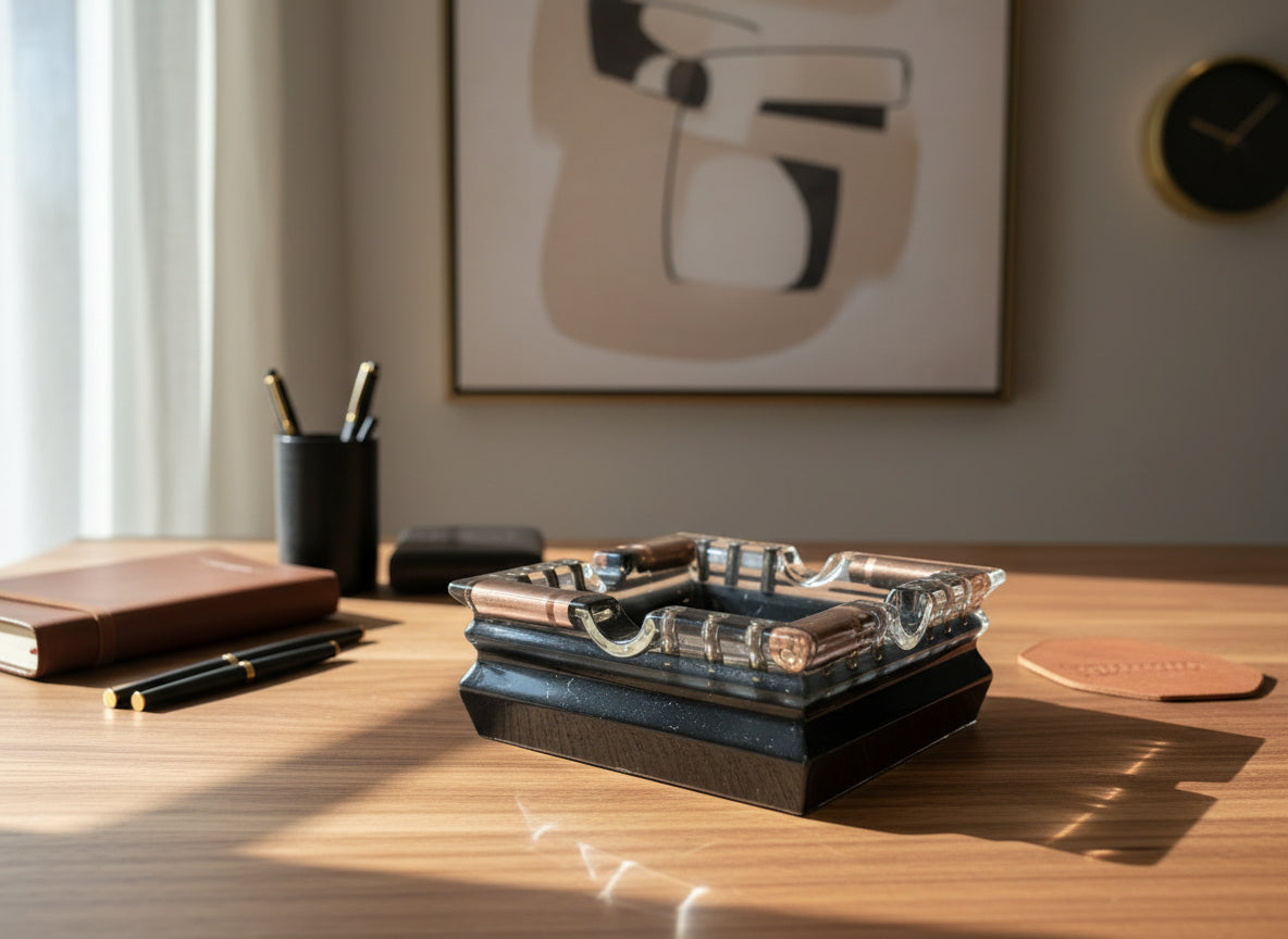 Einzigartiger Aschenbecher aus Epoxidharz mit Recyceltem Messing auf dem Bürotisch 