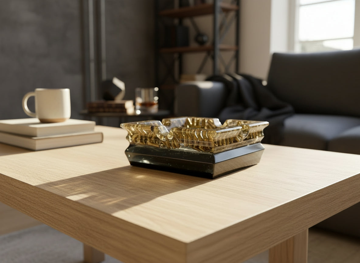 XL Epoxidharz Aschenbecher in einem Wohnzimmer eines Mannes.