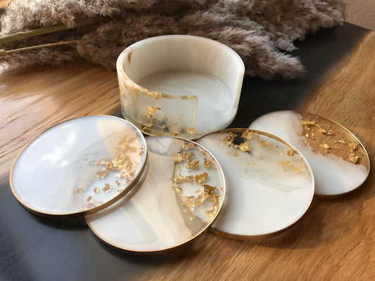 Coaster set / with 4 coasters / home / epoxy / decoration / coaster / resin / white / gold / party / balcony / terrace / bar / decoration