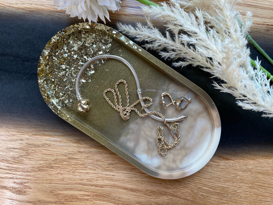 Schmuckschale / Tray / Marmor / Schale / Ringschale / Tablett / Seifenschale / Epoxidharz / Resin / Gold / Glitzer / Beige