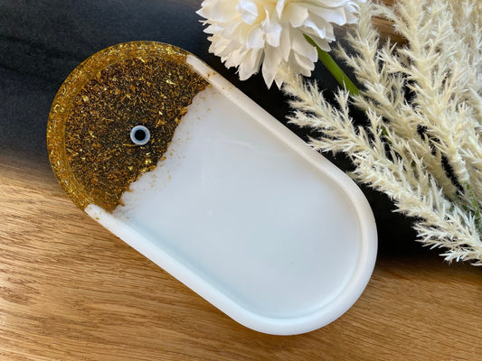 Schmuckschale Epoxidharz Gold-Weiß | Türkisches Auge Nazar-Amulett Ansicht von oben