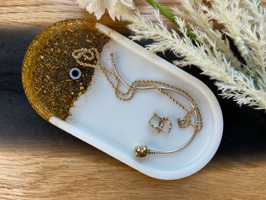 Schmuckschale / Tray / Schale / Ringschale / Tablett / Seifenschale / Epoxidharz / Resin / Gold / Weiß / Türkisches Auge / Nazar-Amulett