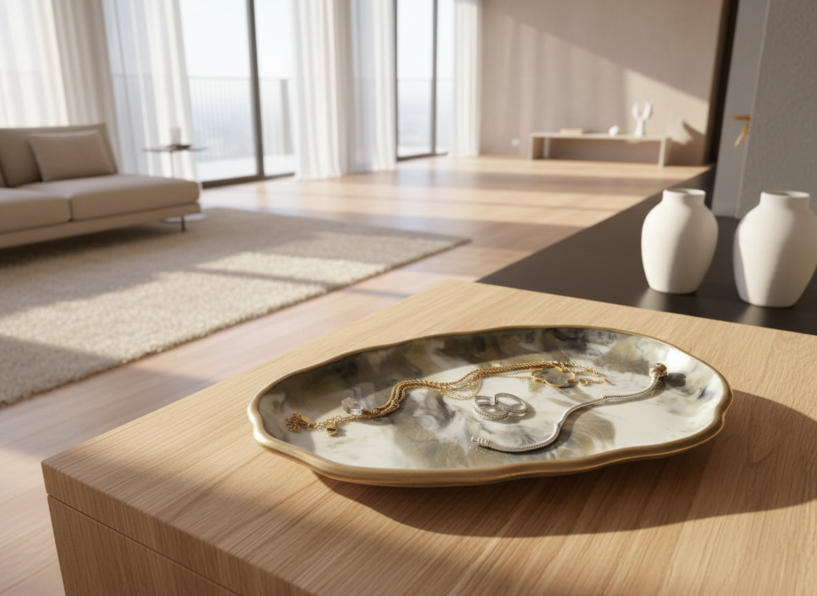 Creme-Gold-Schawarz Tablett aus Epoxidharz in Marmor-Optik in einem modernen Wohnzimmer